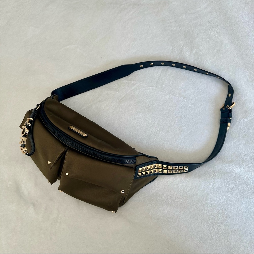 Michael Kors Olivia Large Studded Satin Belt Bag Crossbody in Olive Green - Picture 6 of 14